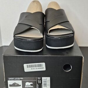 Sorel Cameron Black Platform Slide Mules